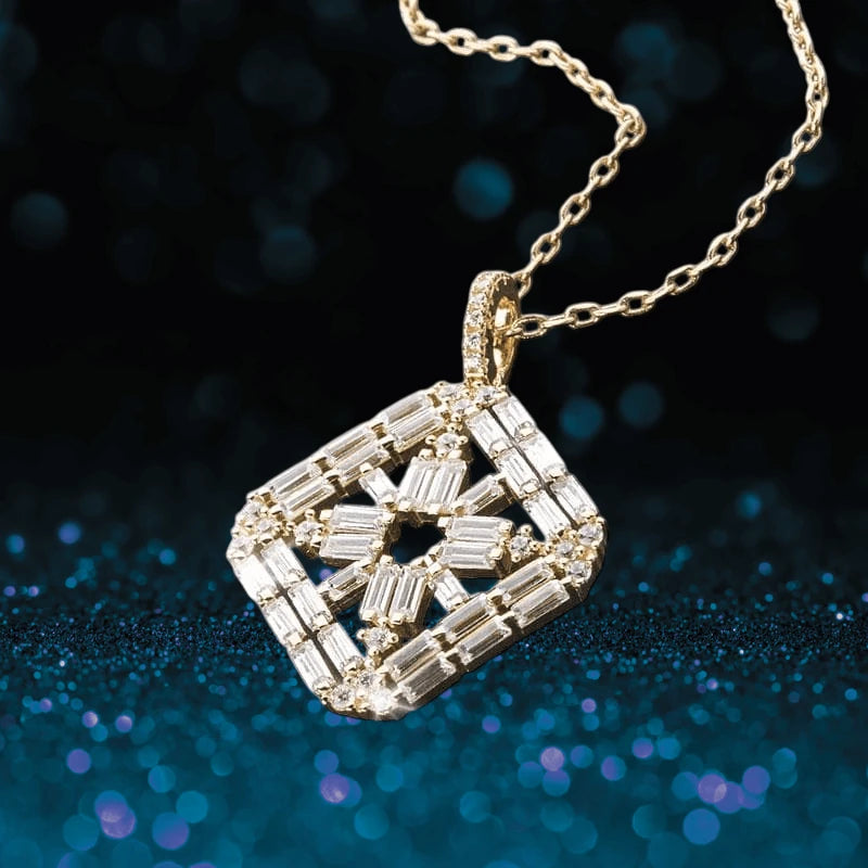 Bliss Baguette Pendant featuring sterling silver with gold plating, designed for women, showcasing a geometric arrangement of baguette-cut stones on a delicate gold chain.