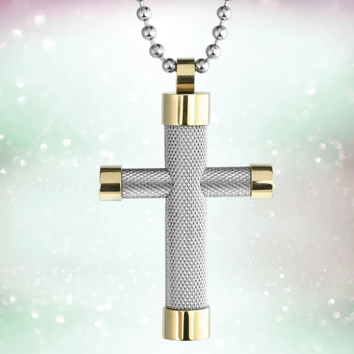 Rio Diamond Cross pendant for men crafted from stainless steel with a two-tone plating finish, featuring a textured design and smooth gold-toned accents on a ball chain necklace.