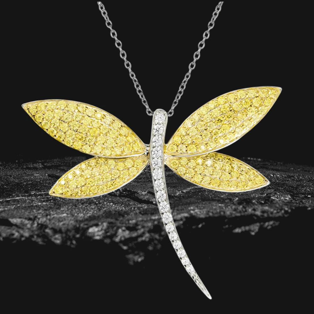Fly Away Brooch Yellow pendant featuring sterling silver with rhodium plating, designed for female jewelry lovers, showcasing yellow crystals in an elegant dragonfly shape.