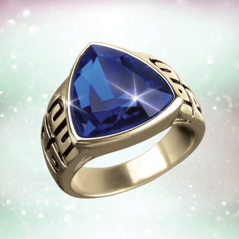Franklin Ceylon Ring featuring a gold plating with a large triangular deep blue gemstone centerpiece, designed for male jewelry collectors seeking distinctive rings.