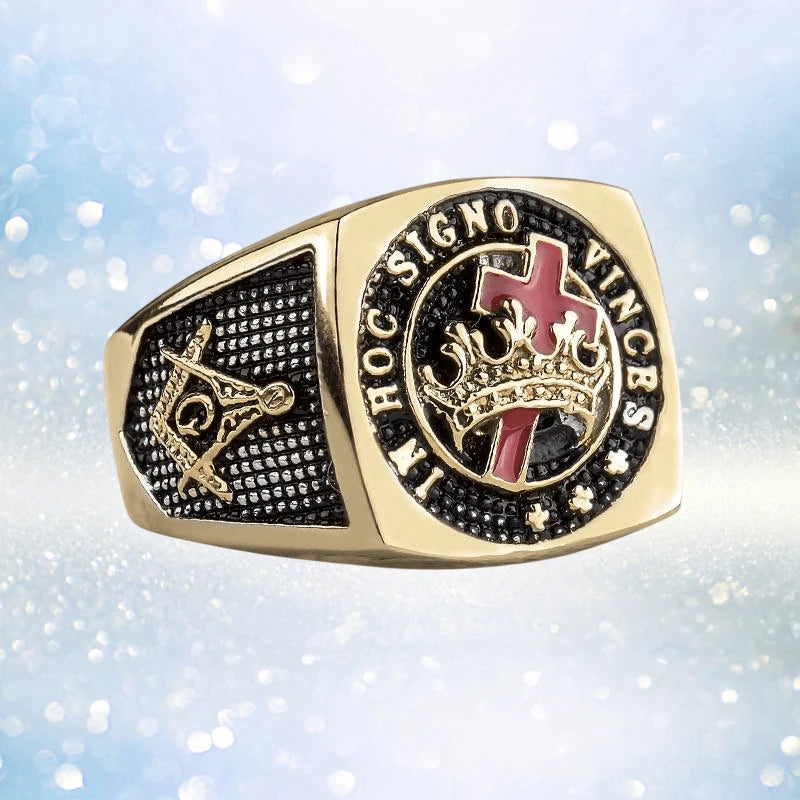 Masonic Ring crafted from gold-plated stainless steel for men, featuring intricate Masonic symbols and a regal crown design on a textured black background.