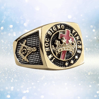 Masonic Ring crafted from gold-plated stainless steel for men, featuring intricate Masonic symbols and a regal crown design on a textured black background.