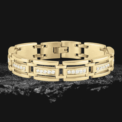 Albany Men's Bracelet crafted from gold-plated stainless steel featuring a bold link design with embedded sparkling gemstones for a sophisticated masculine look.