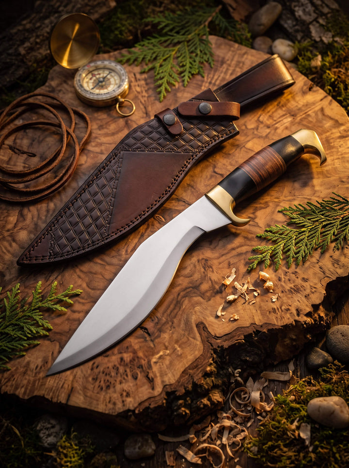 Mirror Finish Kukri Knife with a curved polished blade textured leather sheath wooden handle and brass accents arranged on a rustic tree slab