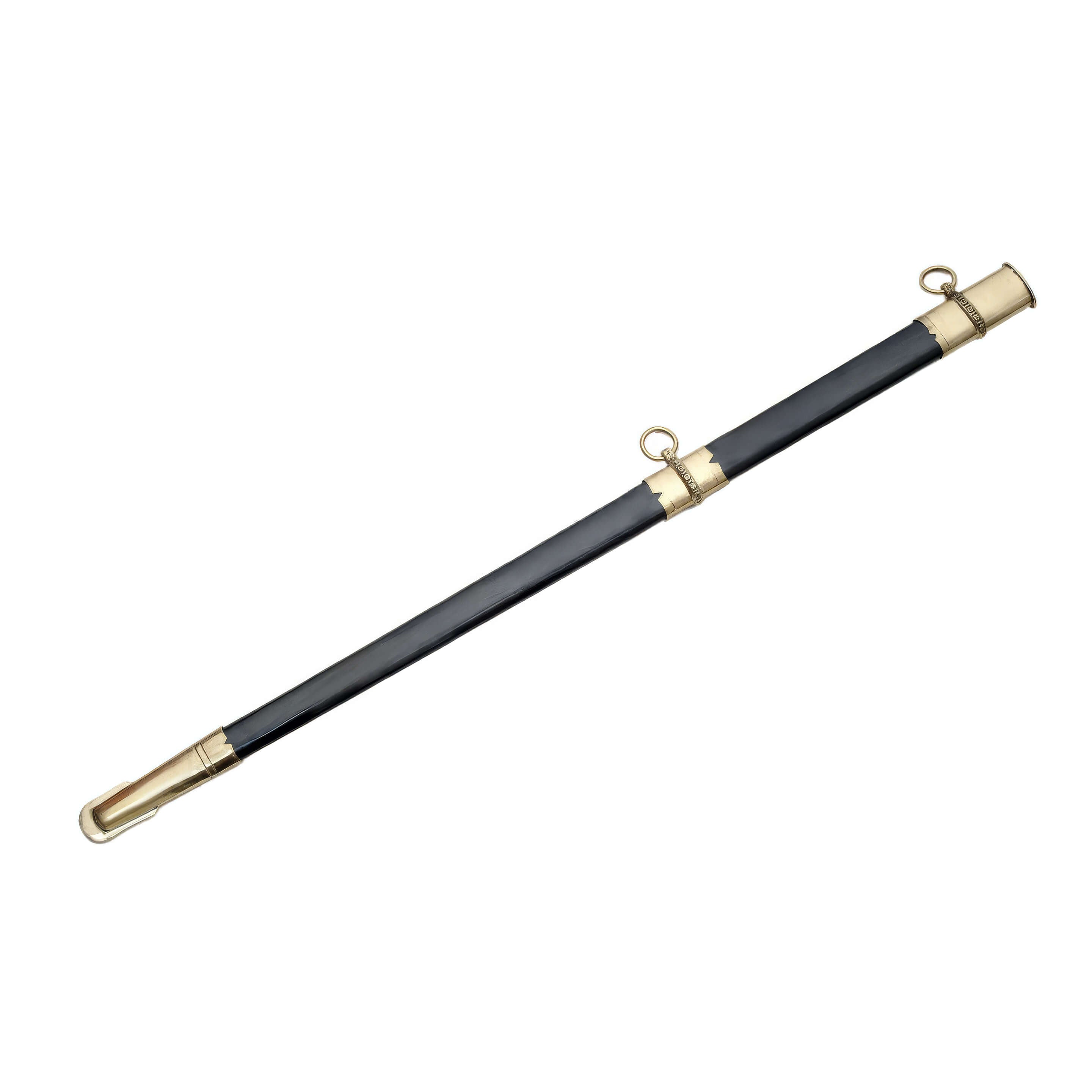 Black leather accessory with gold tone metal end caps and circular loops displayed diagonally against a plain white background