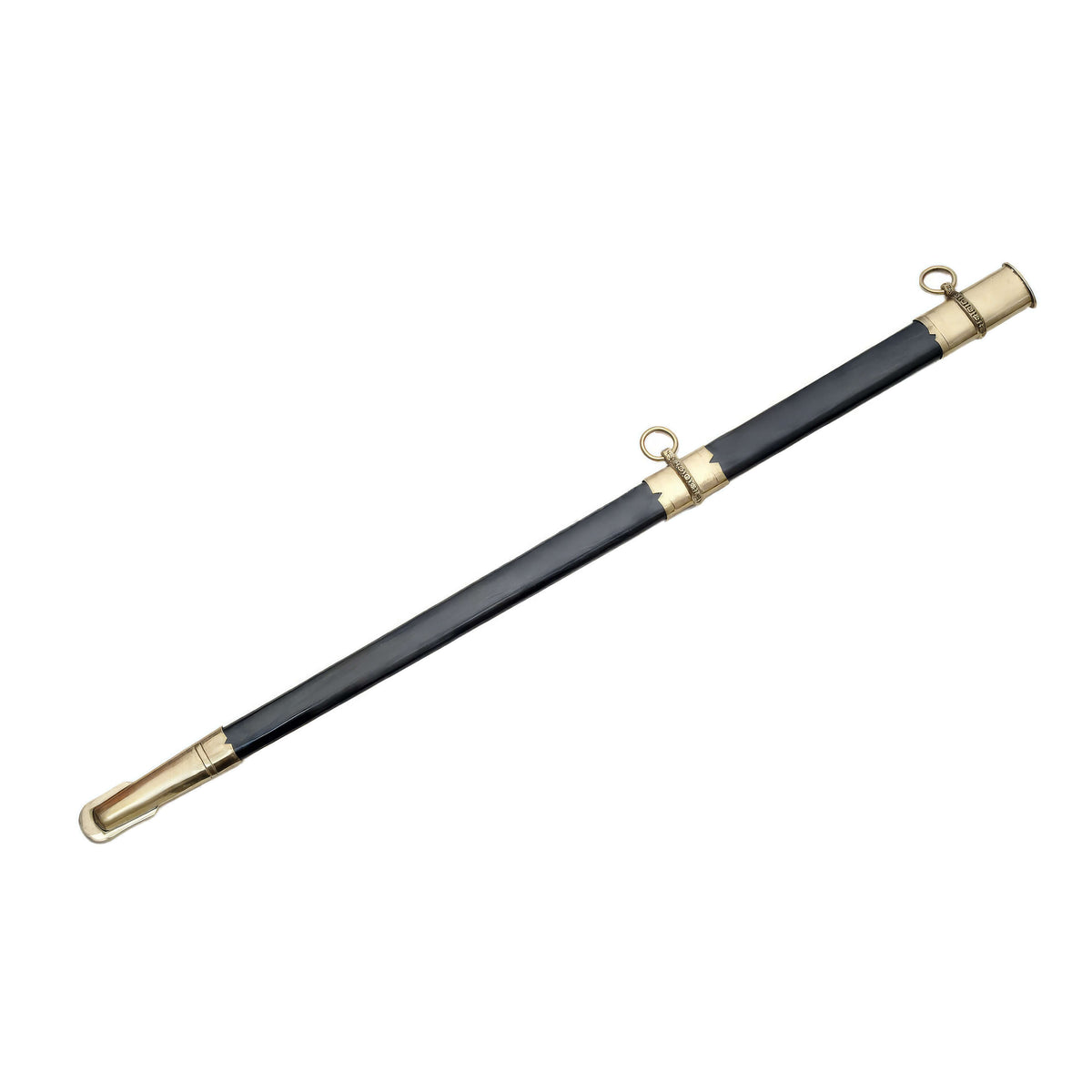 Black leather accessory with gold tone metal end caps and circular loops displayed diagonally against a plain white background