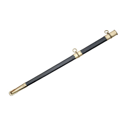 Black leather accessory with gold tone metal end caps and circular loops displayed diagonally against a plain white background