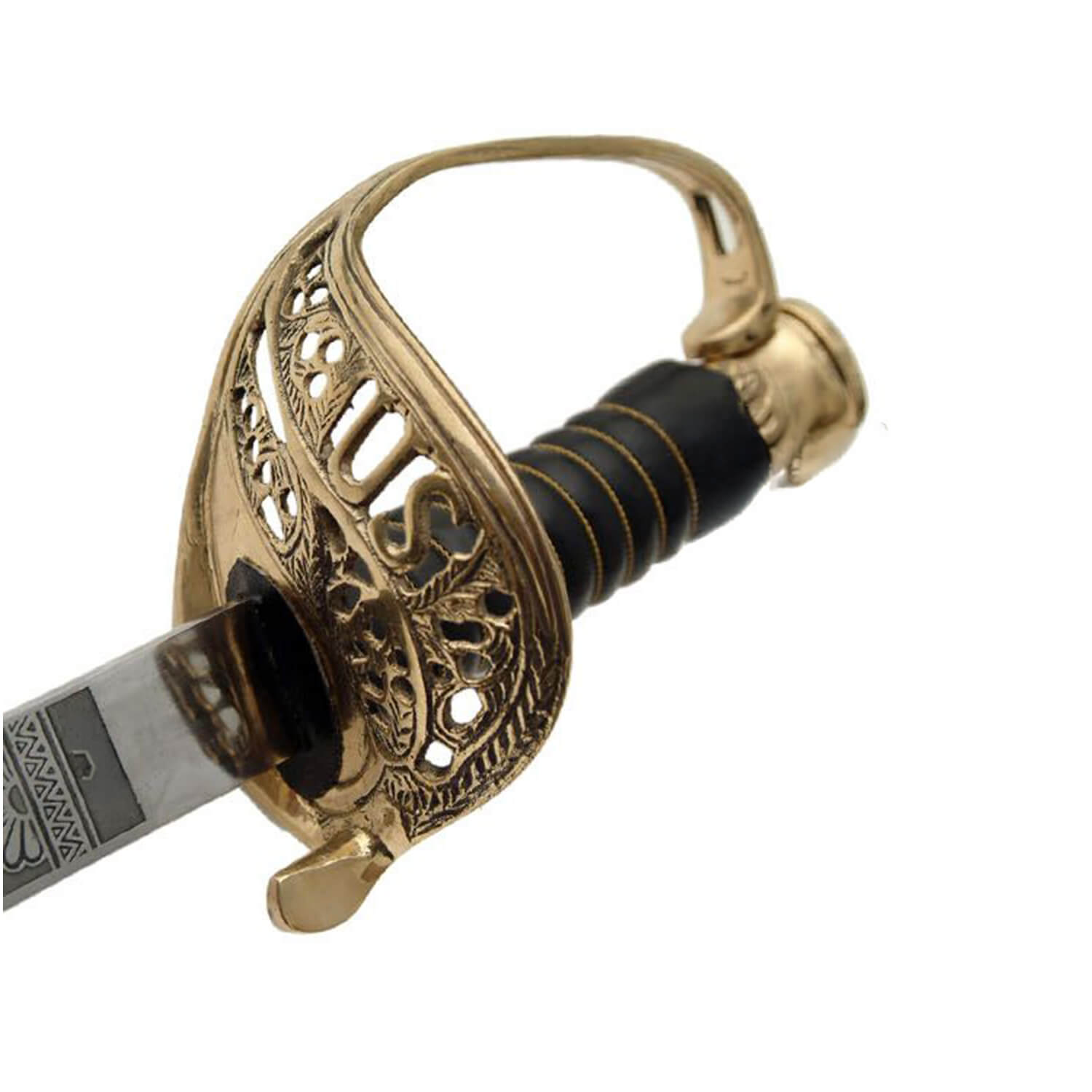 Ornate gold sword hilt with an engraved guard and black wrapped handle attached to a partially visible patterned blade on a white background