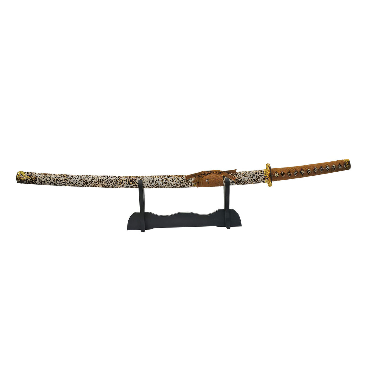 Untamed Samurai Katana Sword displayed on a black stand with an ornate patterned sheath and detailed brown handle Up To 75% Off Retail