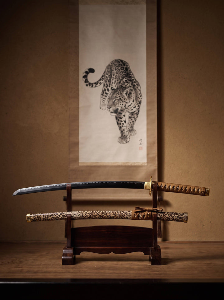 Untamed Samurai Katana Sword displayed on a wooden stand with a matching blade and traditional Japanese wall art, Up To 75% Off Retail