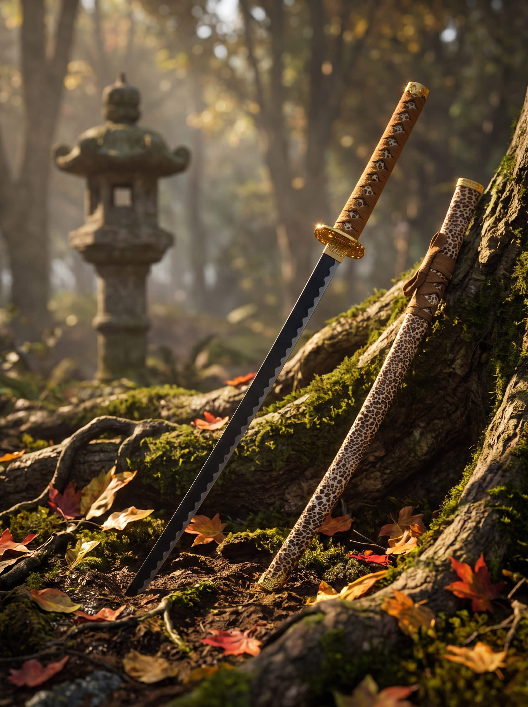Untamed Samurai Katana Sword with ornate sheath resting against a moss covered forest tree near a stone lantern Up To 75% Off Retail