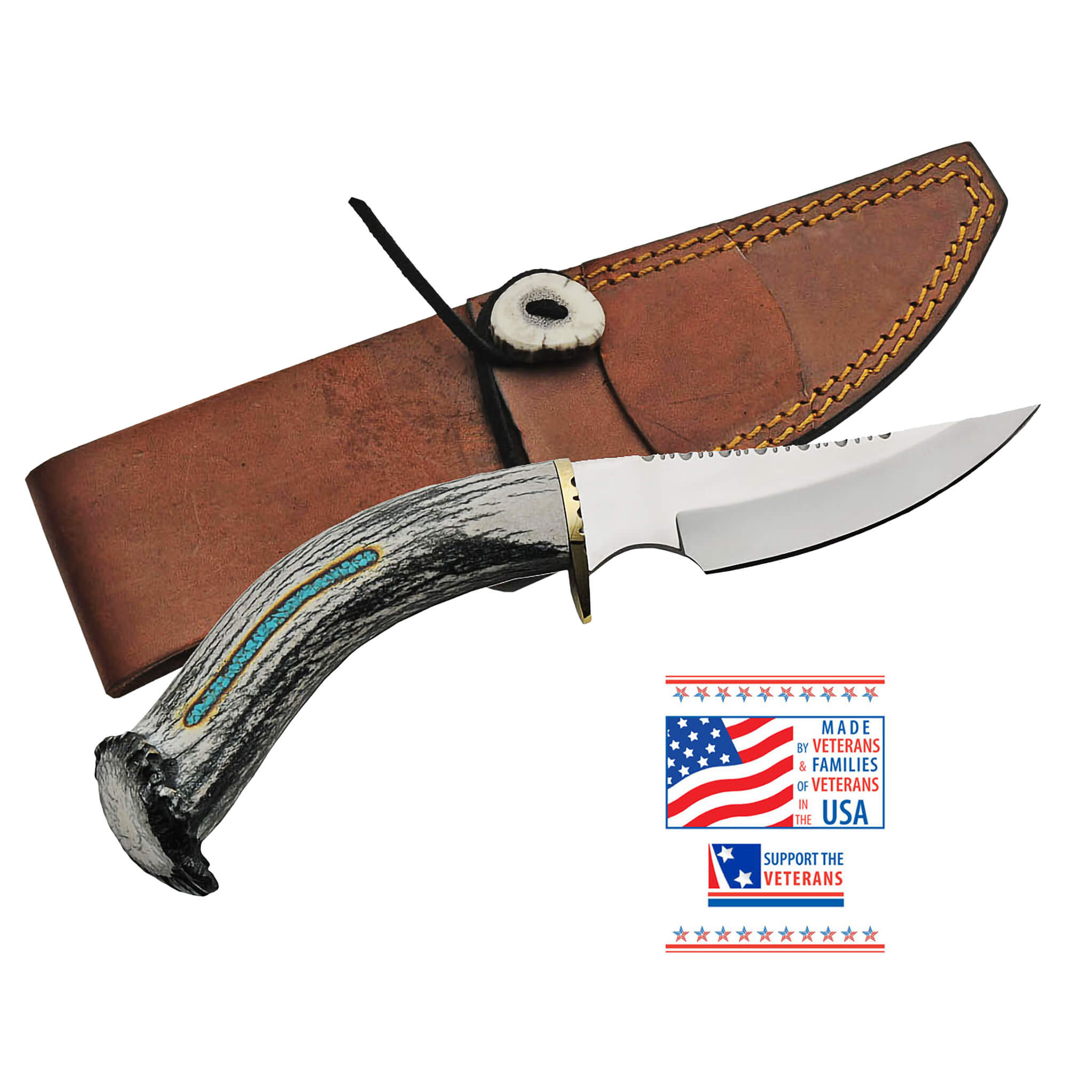 Veteran's Legacy Knife with a stainless steel blade and antler handle, paired with a stitched leather sheath, offered Up To 75% Off Retail.