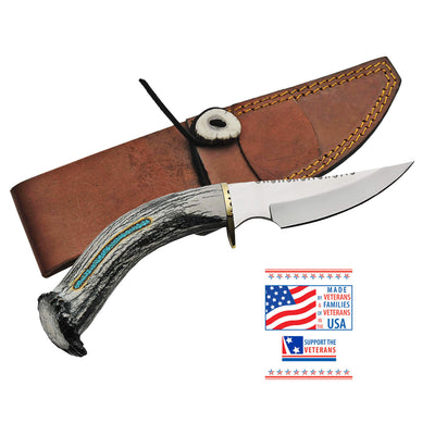 Veteran's Legacy Knife with a stainless steel blade and antler handle, paired with a stitched leather sheath, offered Up To 75% Off Retail.
