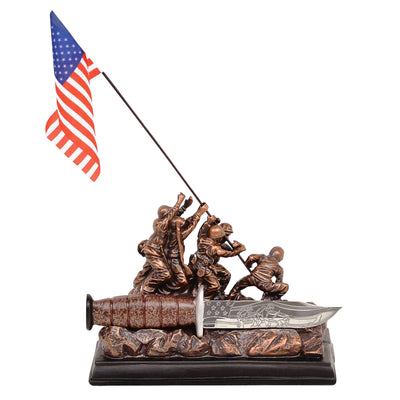 Iwo Jima Valor Dagger featuring a detailed resin and stainless steel sculpture of soldiers raising an American flag, perfect as a unisex collectible with Up To 75% Off Retail.