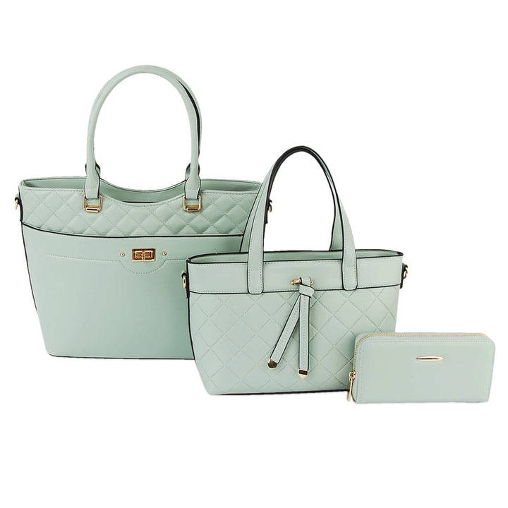 Luxe Trinity Bag Collection featuring three light mint green quilted bags with gold accents, perfect for stylish organization and elegance Up To 75% Off Retail
