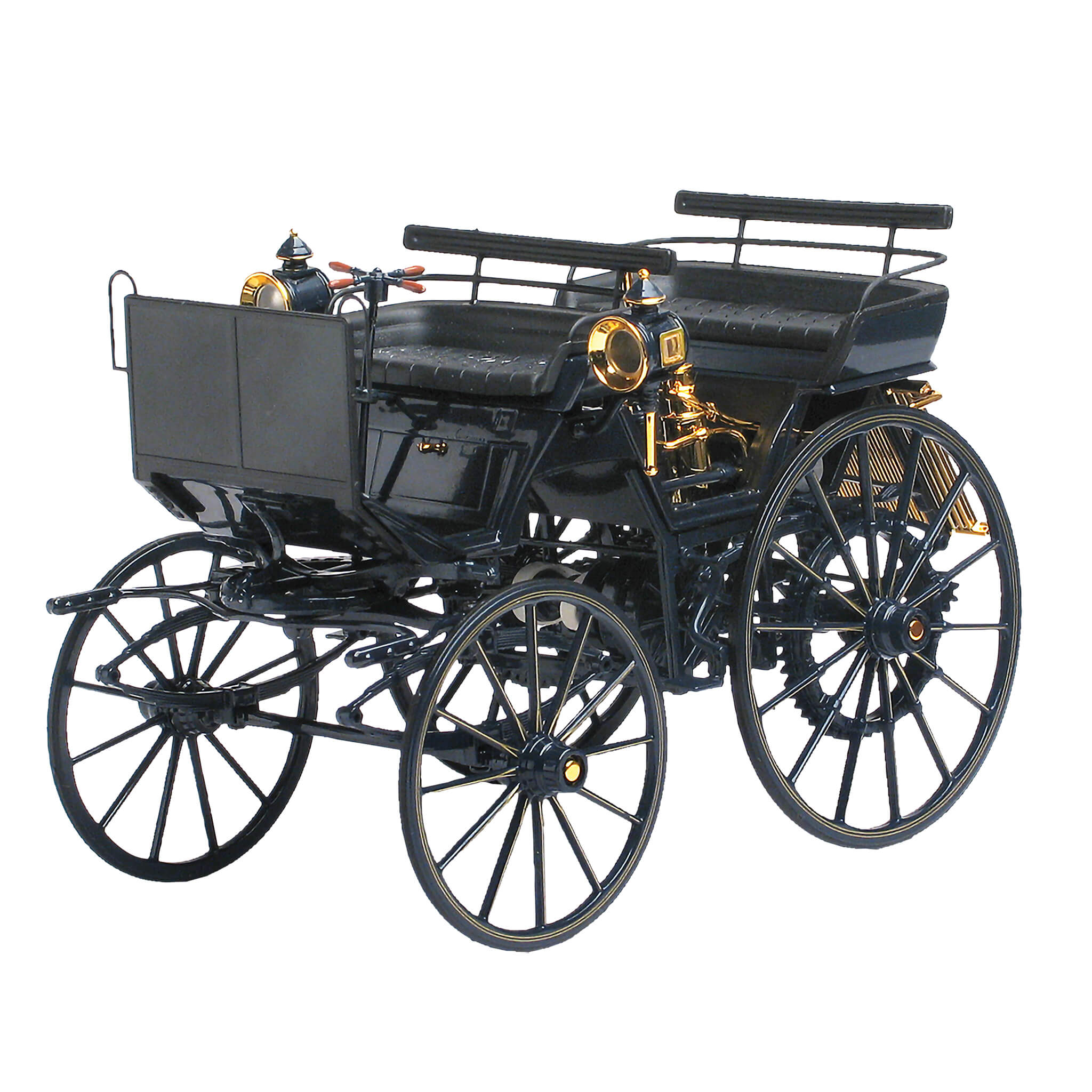 1886 Daimler Motorkutsche die cast model featuring detailed vintage black design with gold accents, unisex collectible, offered Up To 75% Off Retail.