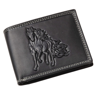 Black leather wallet featuring a detailed embossed horse design, showcasing craftsmanship and style, the Stallion Animal Spirit Leather Wallet offers Up To 75% Off Retail.