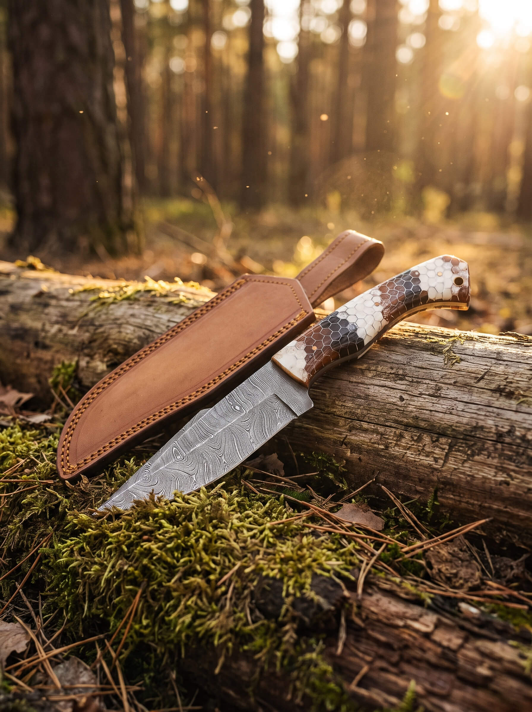 Damascus Viper Knife with patterned Damascus steel blade and leather sheath resting on a moss covered forest log Up To 75% Off Retail