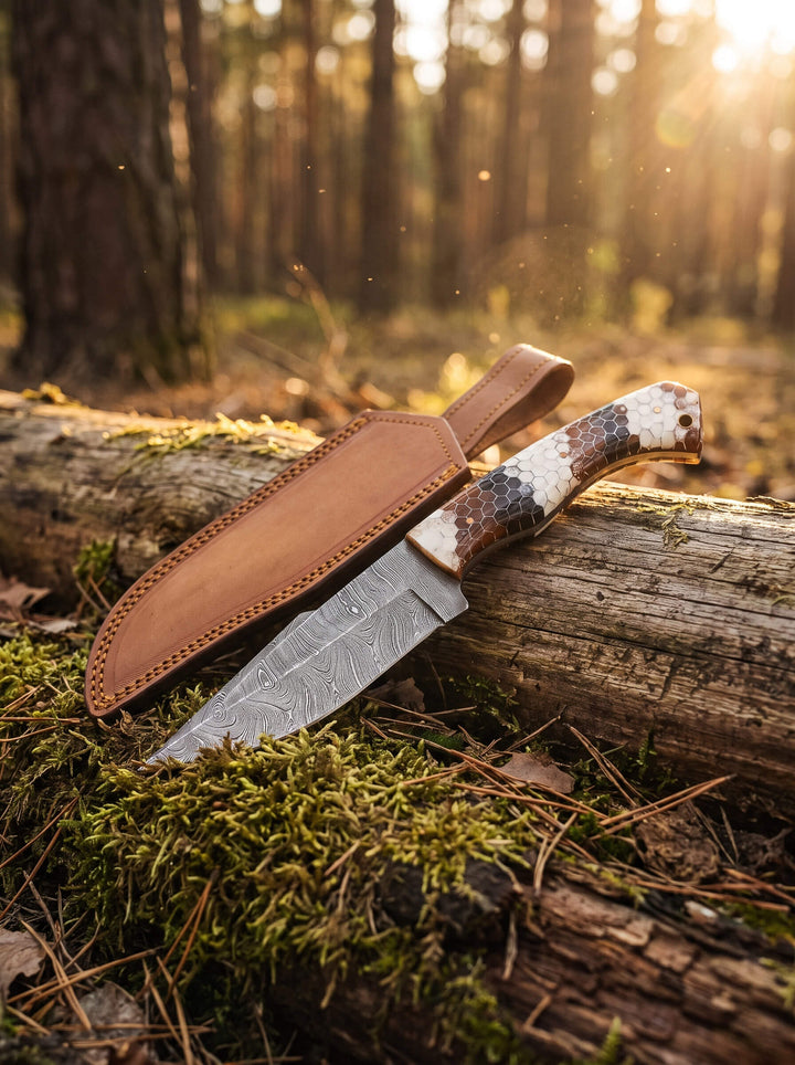 Damascus Viper Knife with patterned Damascus steel blade and leather sheath resting on a moss covered forest log Up To 75% Off Retail