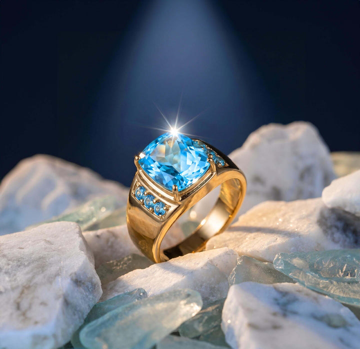 A sparkling Aegean Blue Topaz Men's Ring featuring a large blue topaz gemstone set in a polished gold band, showcased with a spotlight and decorative stones, Up To 75% Off Retail.