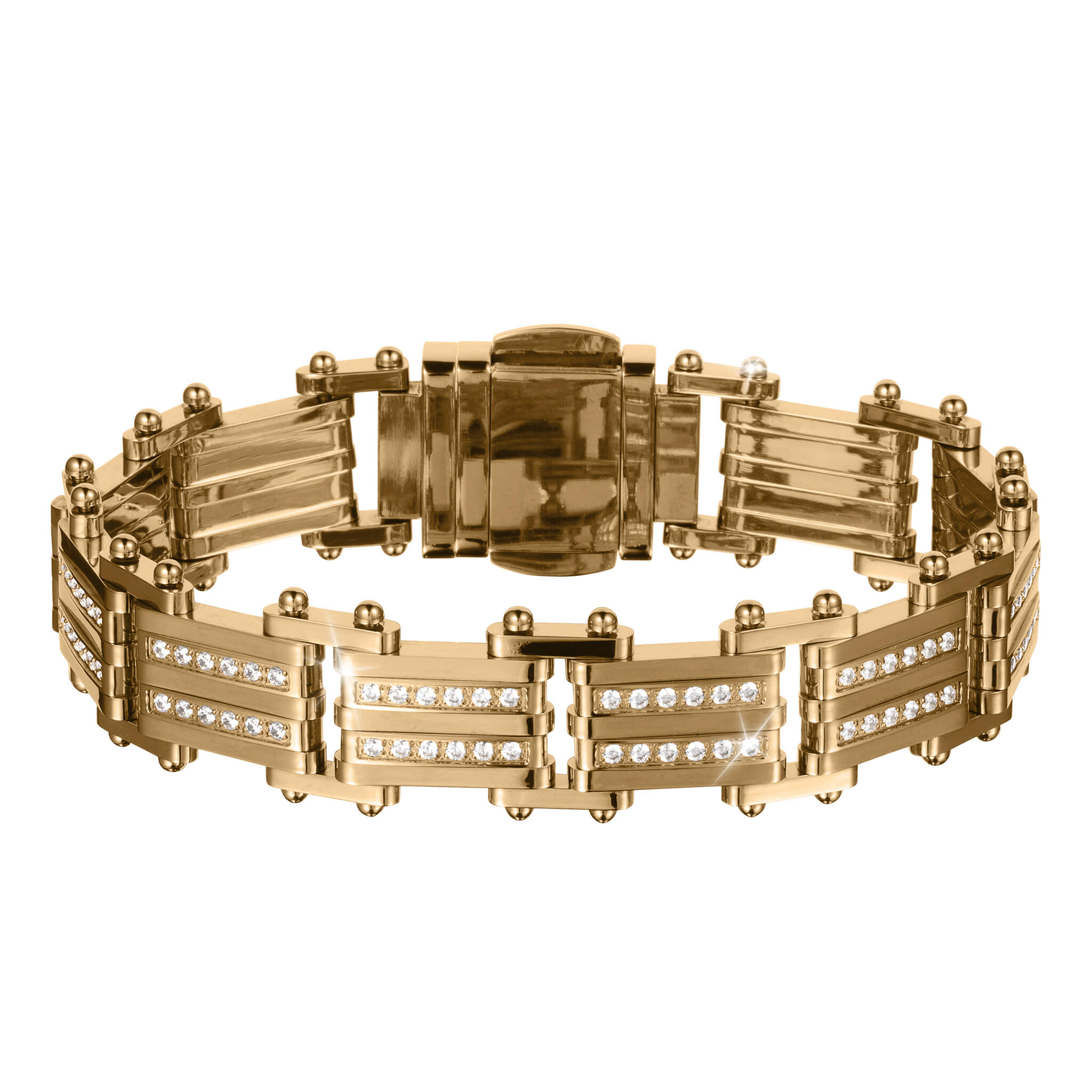 Modex Bracelet in gold tone with geometric links and rows of sparkling accents shown on a clean white background Up To 75% Off Retail