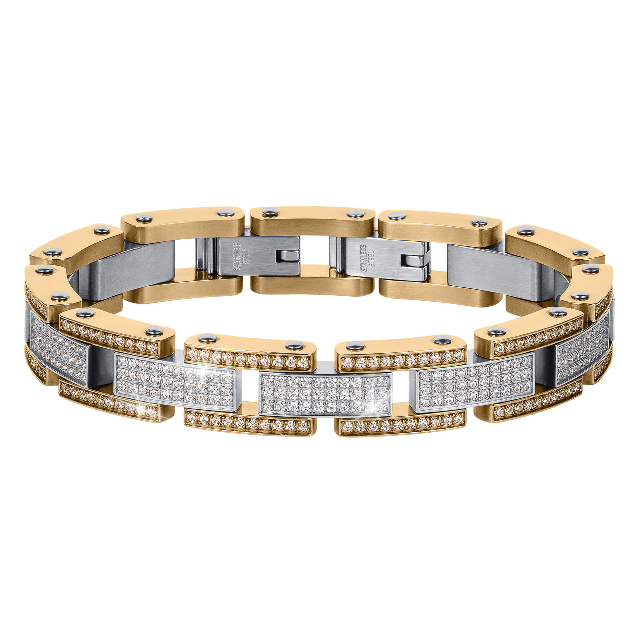 Titanlink Men's Bracelet featuring a two-tone metal design with gold and silver elements, encrusted with sparkling crystals, available Up To 75% Off Retail.