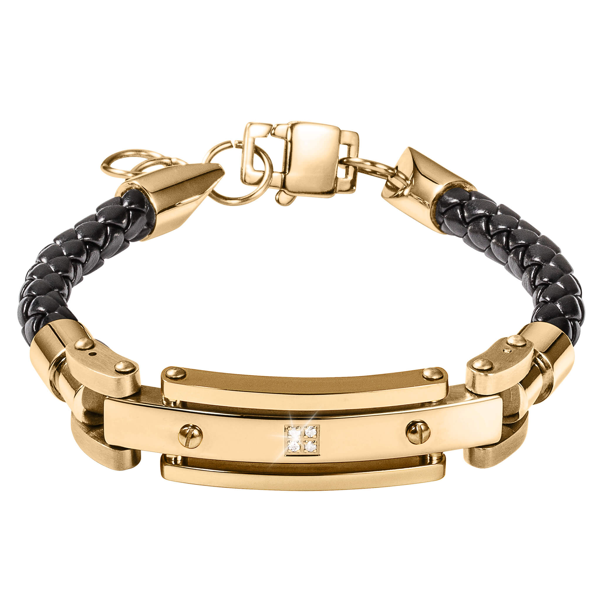 Men's Diamond Leather Bracelet featuring a two-tone steel and leather design with a gold-plated finish and a central diamond detail, offering up to 75% off retail.