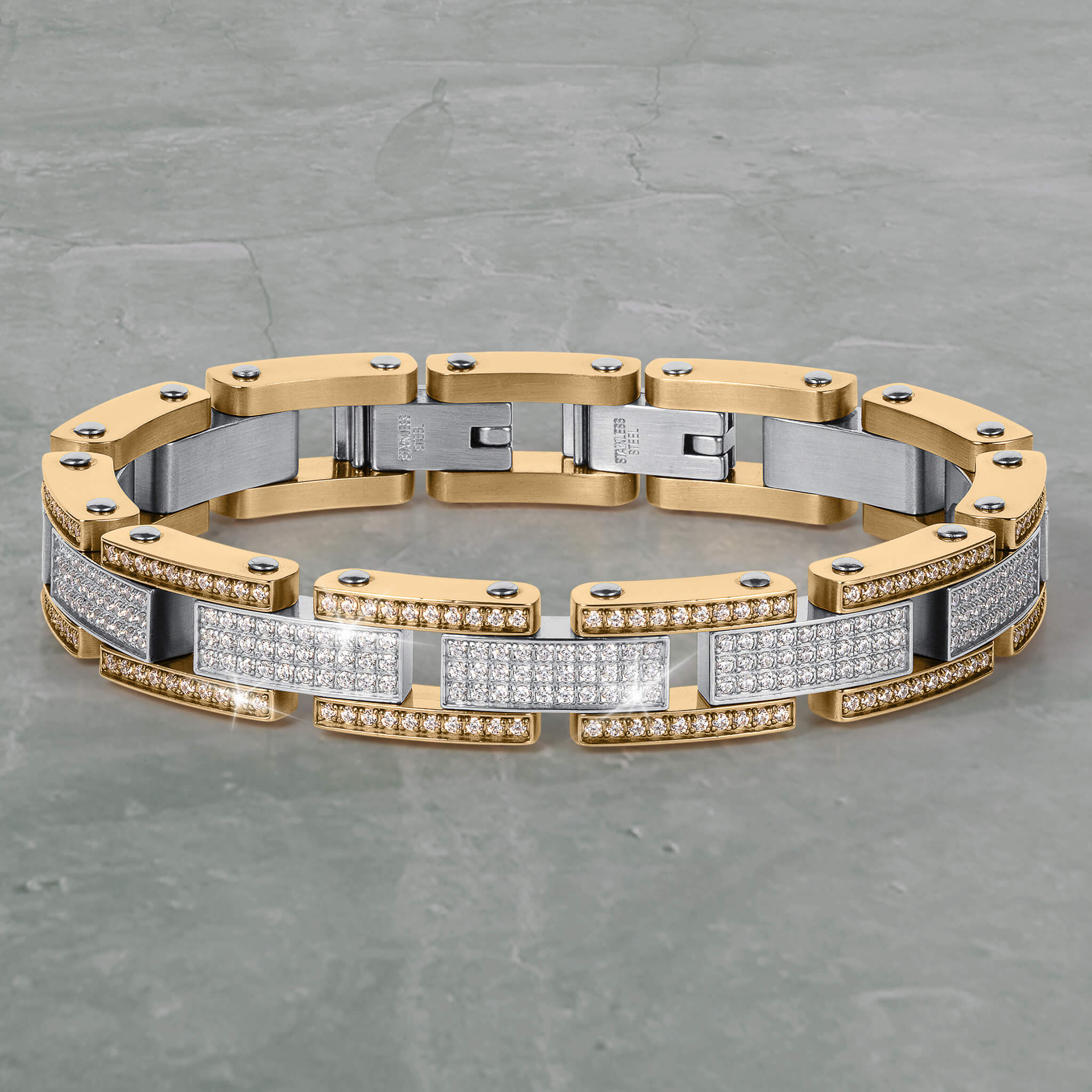 Titanlink Men's Bracelet featuring gold and silver tones with sparkling stones in a modern link design, offering a captivating accessory Up To 75% Off Retail.