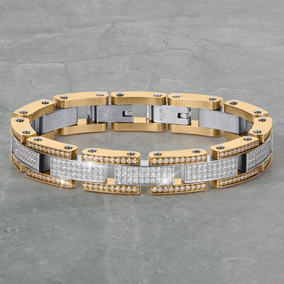 Titanlink Men's Bracelet featuring gold and silver tones with sparkling stones in a modern link design, offering a captivating accessory Up To 75% Off Retail.