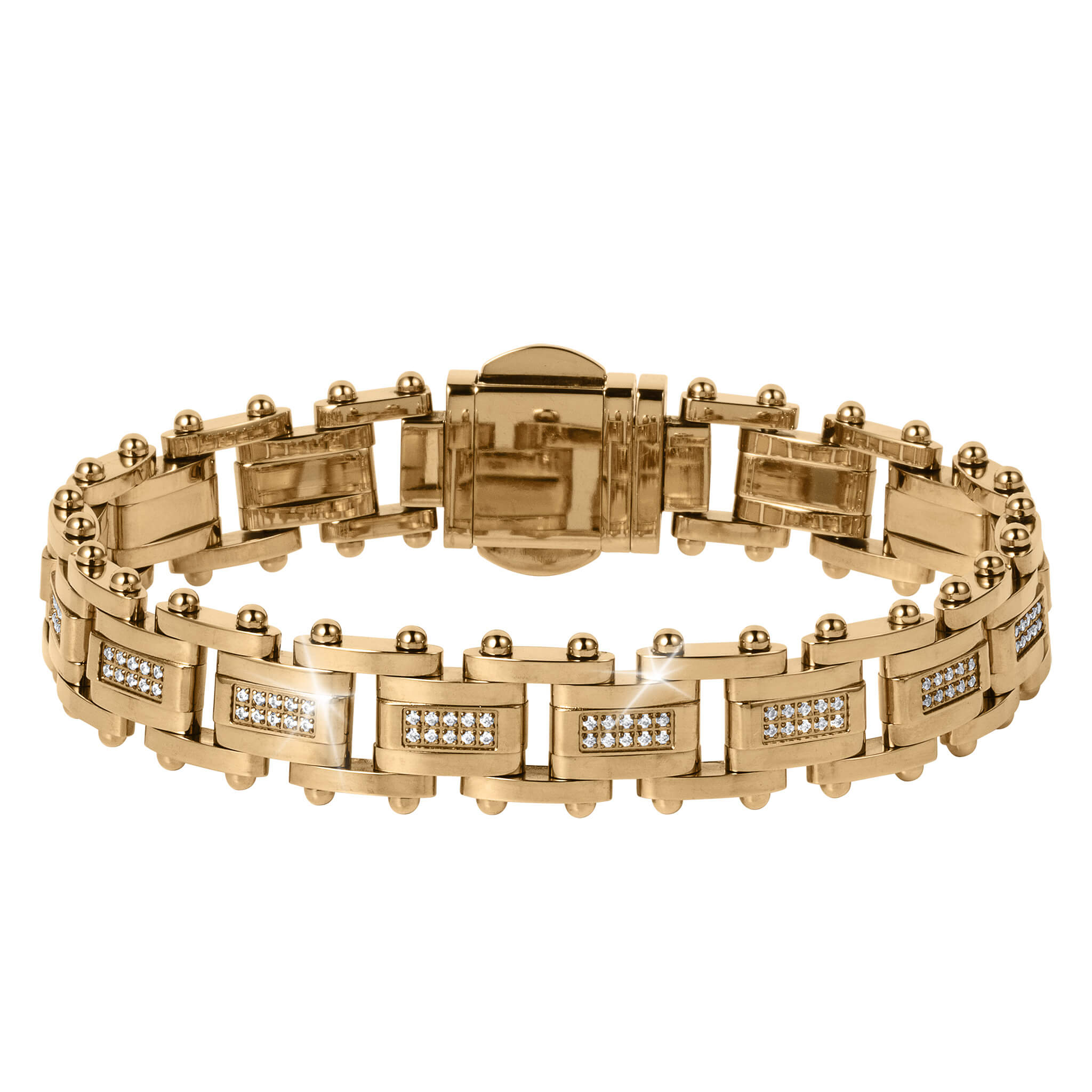 Imperial Link Bracelet in polished gold-tone metal featuring rectangular links accented with sparkling clear crystals, designed as a stylish men's jewelry bracelet.
