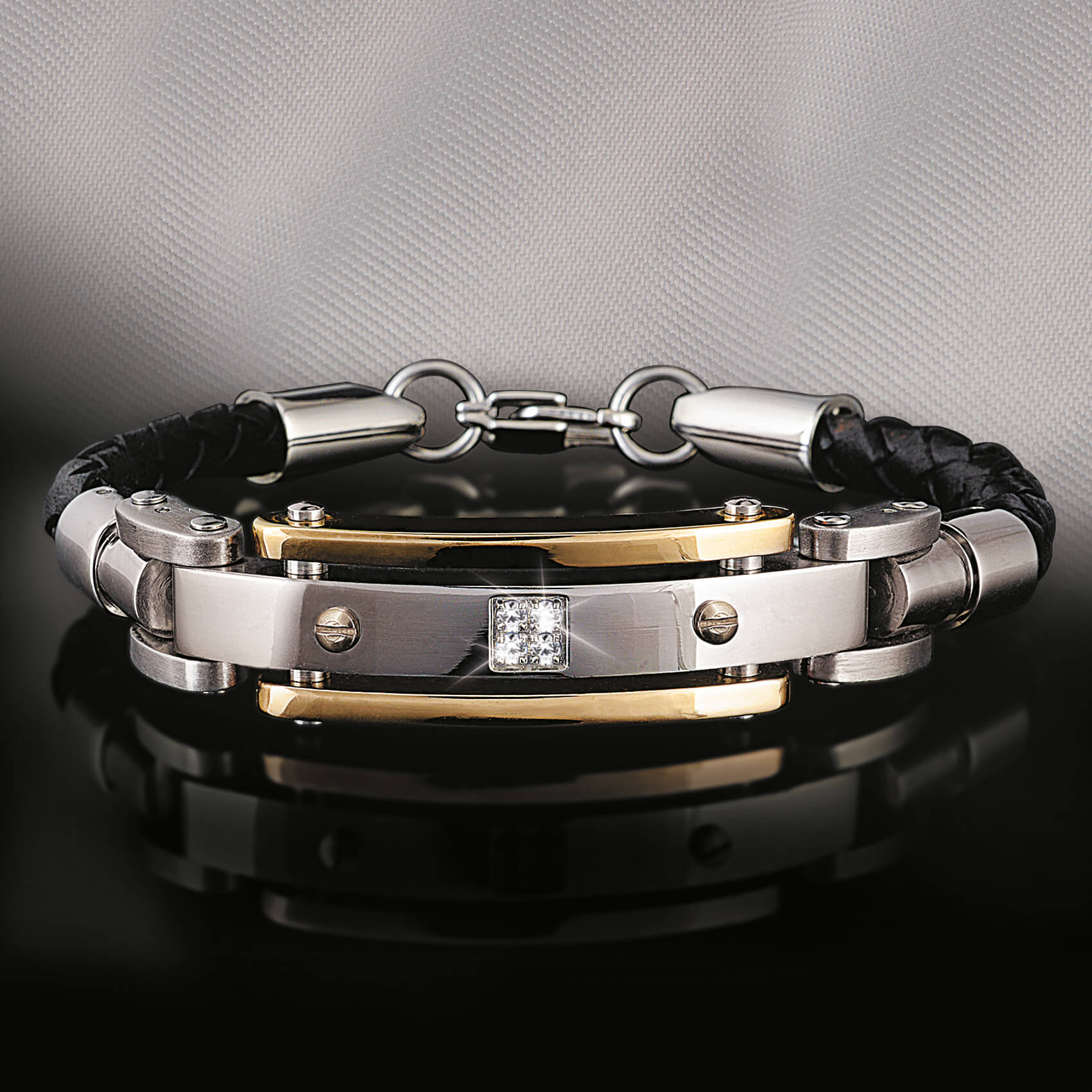 Men's Diamond Leather Bracelet featuring two-tone steel and leather construction with a central diamond accent and secure clasp, designed for men’s jewelry collections.