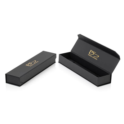 Black elegant jewelry box branded with DS Daniel Steiger logo, designed to hold the Horizon Men's Brown Bracelet, perfect for secure and stylish gift presentation.