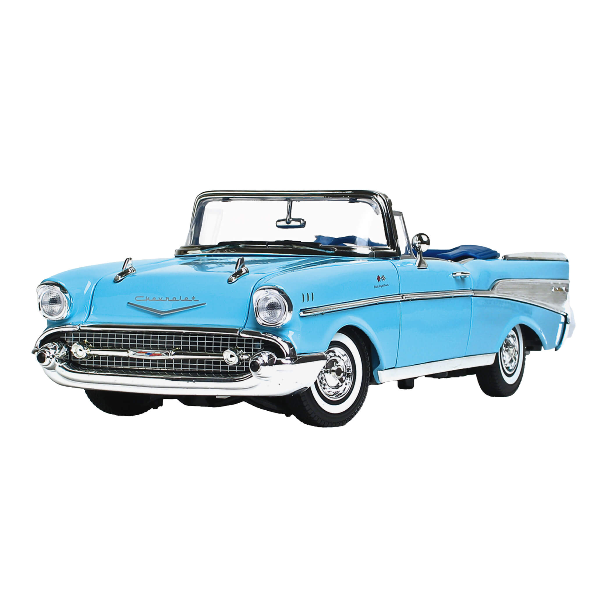 1957 Chevy Bel Air - Larkspur Blue classic convertible car with chrome details and whitewall tires in a vibrant blue finish.
