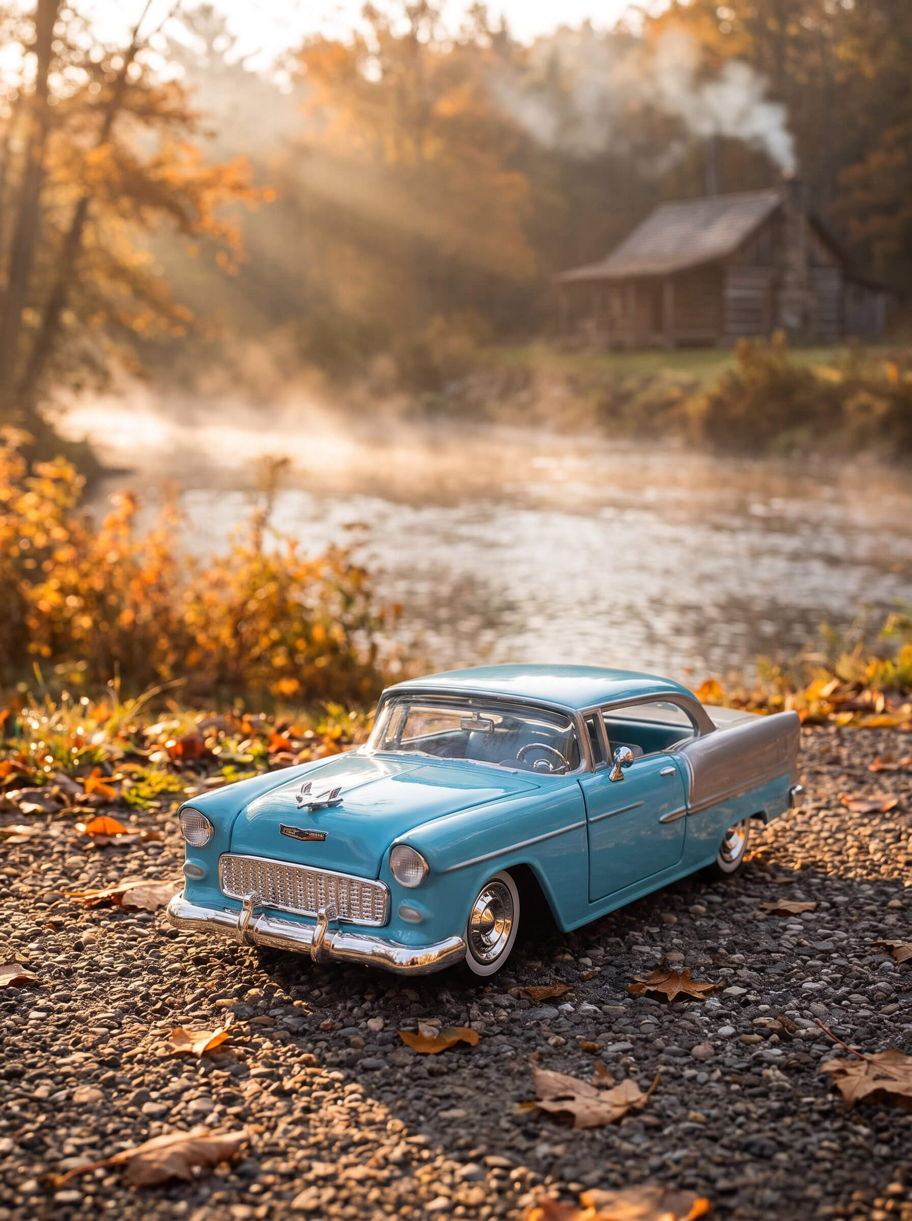 1955 Chevy Bel Air - Blue classic car model displayed beside a sunlit creek with autumn foliage and a rustic cabin in the background