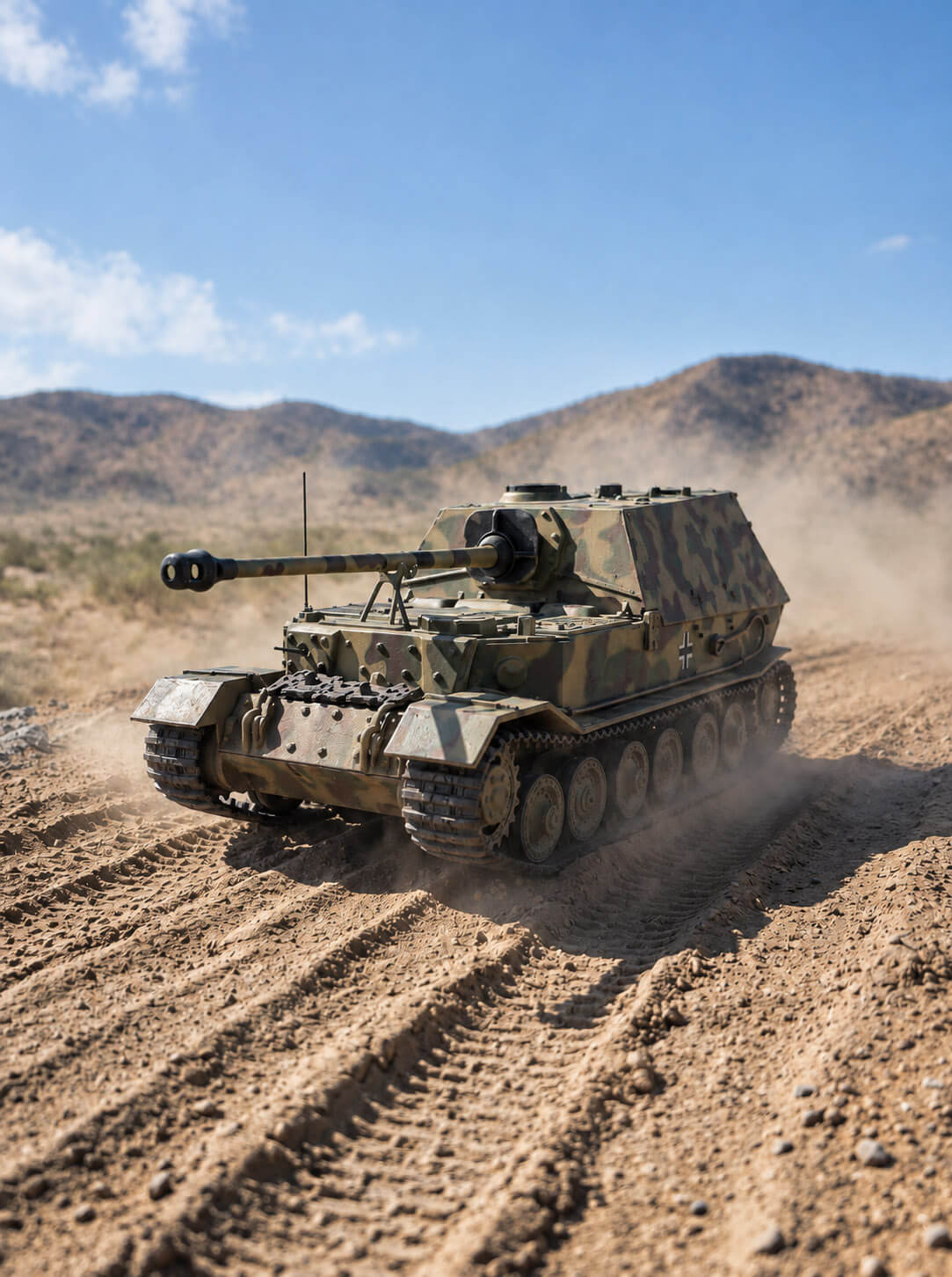 Elefant Heavy Tank Destroyer advancing across a dusty desert training ground with rugged hills and tracked armor detail Up To 75% Off Retail