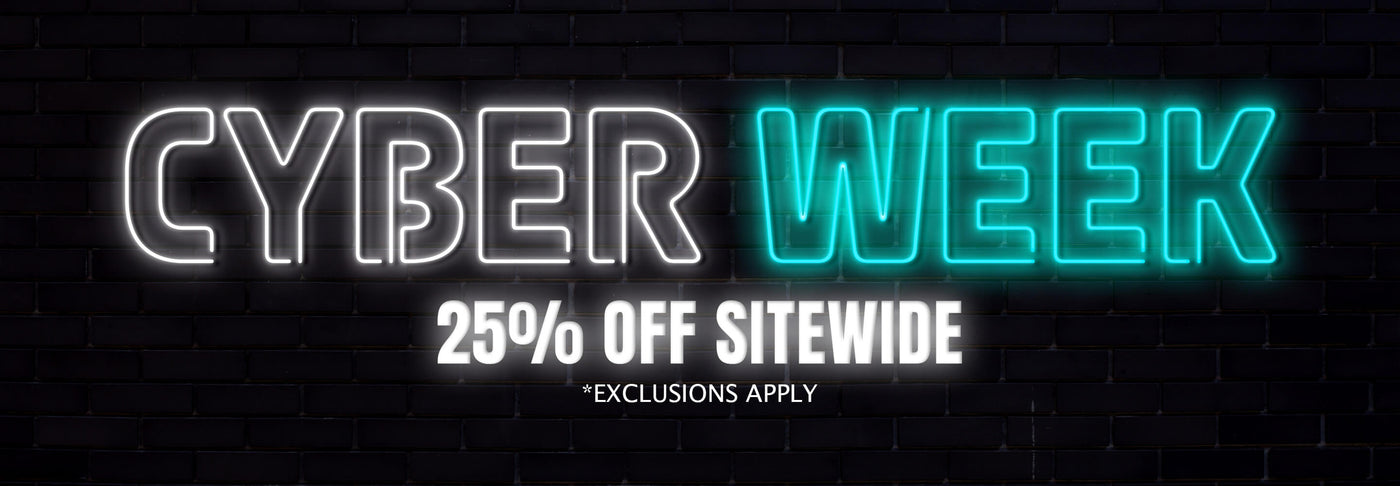 Neon sign with 'CYBER WEEK' and discount information on a black background