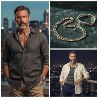 Curb Vine Men’s Set featuring a two-tone stainless steel necklace and bracelet worn by a man in sophisticated urban evening settings, highlighting stylish men’s jewelry.