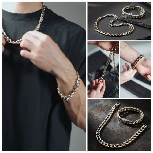 Collage of chain jewelry including necklace, bracelet, and ring on a dark surface.  Curb Vine Men&