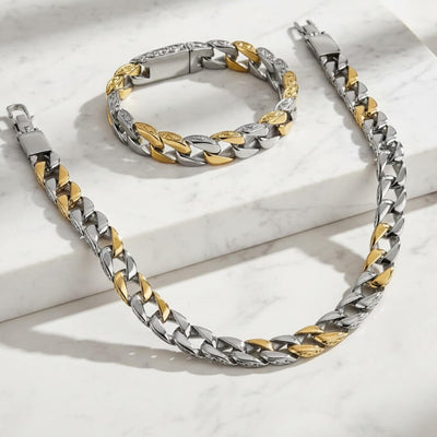 Curb Vine Men's Set featuring a two-tone stainless steel necklace and matching bracelet with interlocking curb chain links designed for men’s jewelry collections.