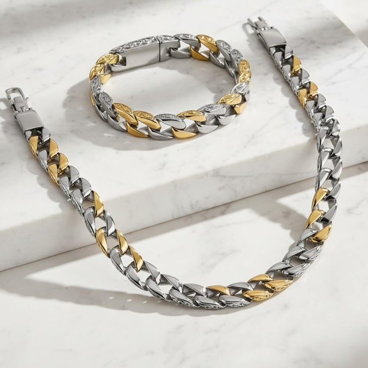 Curb Vine Men's Set featuring a two-tone stainless steel necklace and matching bracelet with interlocking curb chain links designed for men’s jewelry collections.