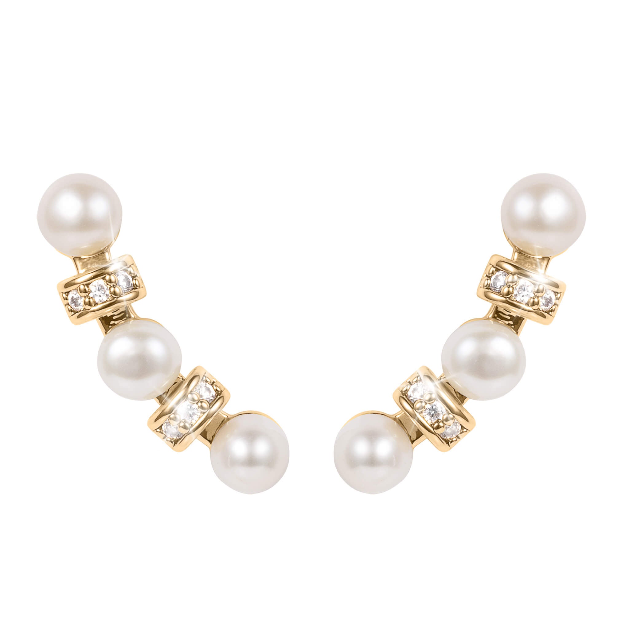 Aria Pearl Earrings featuring a gold-tone design with three lustrous pearls and sparkling crystal accents, elegant jewelry available Up To 75% Off Retail.