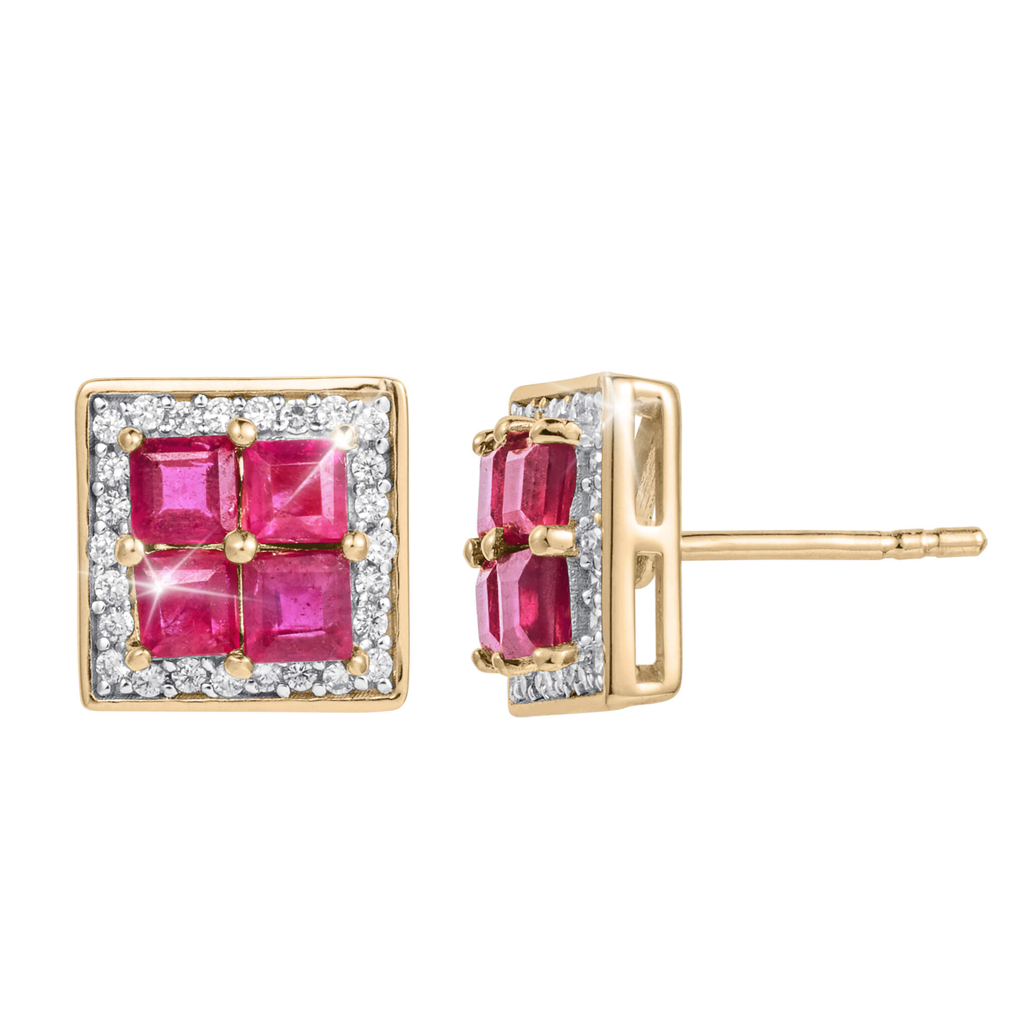Rouge Lumiere Ruby Earrings featuring four vibrant ruby stones set in sterling silver with gold plating, surrounded by sparkling accents, designed for women, Up To 75% Off Retail.