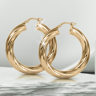 Roma Luxe Twisted Earrings in gold-plated bronze for female, featuring a sleek, twisted hoop design with a polished finish, Up To 75% Off Retail.