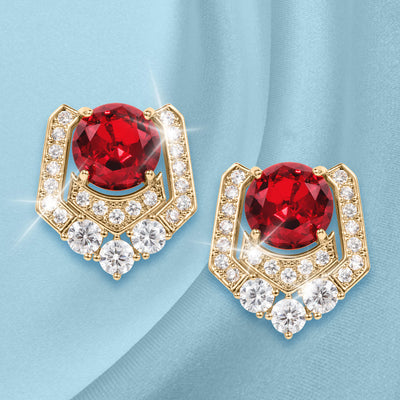 Elegant gold earrings from the Scarlet Heirloom Collection featuring a vibrant red centerpiece surrounded by sparkling clear stones, offered Up To 75% Off Retail.