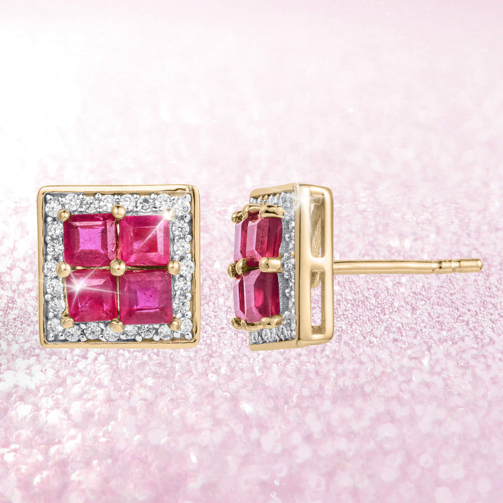 Elegant square stud earrings from the Rouge Lumiere Ruby Collection featuring four vibrant rubies set in sterling silver with gold plating and sparkling accents, Up To 75% Off Retail.