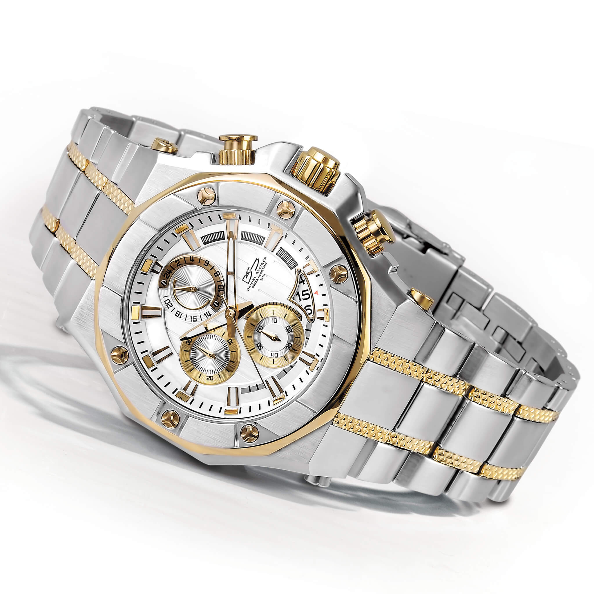 Phantom Two-Tone Men's Watch featuring a stainless steel bracelet with two-tone plating, silver dial, and gold-tone accents on bezel, chronograph subdials, and crown.