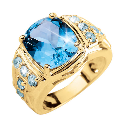 Mediterranean Blue Topaz Ring featuring a large cushion-cut blue topaz and multiple smaller blue topaz stones set in sterling silver with gold plating, designed for men.