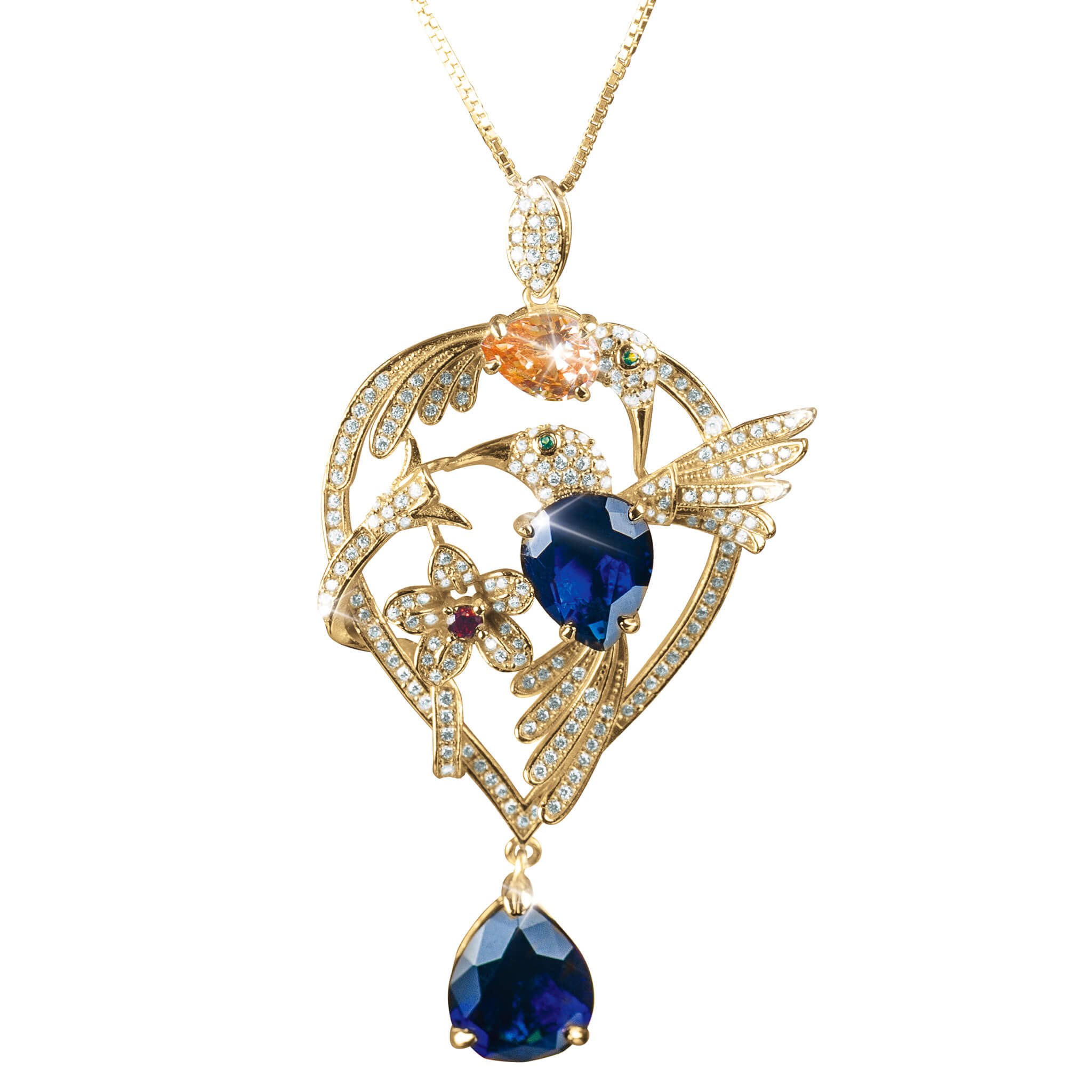 Golden Hummingbirds Pendant featuring sterling silver with gold plating, adorned with intricate sparkling stones and deep blue gem accents.