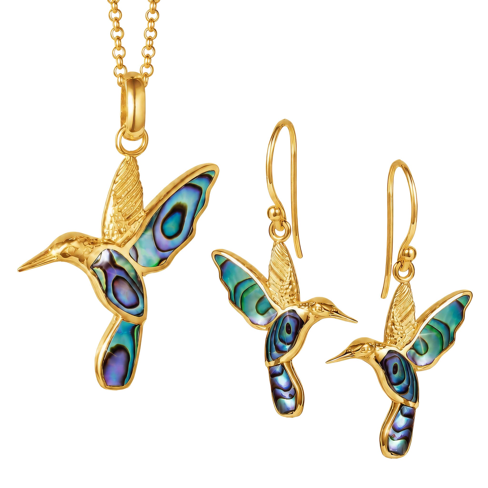 Elegant hummingbird pendant necklace and matching earrings with iridescent abalone inlays and gold tones from the Golden Abalone Hummingbird Collection, up to 75% off retail.