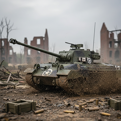 Model tank in a post-apocalyptic setting with ruins in the background. M18 Hellcat Tank Destroyer Model